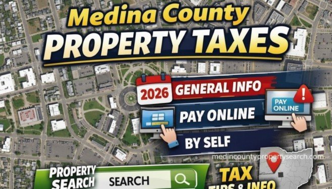 Medina County Property Taxes infographic featuring property search logo, 2026 general info, and online payment options over a city map background.