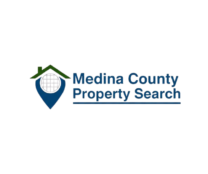 Medina County Ohio Property Search logo featuring house roof, map pin, and parcel grid design in blue and green.