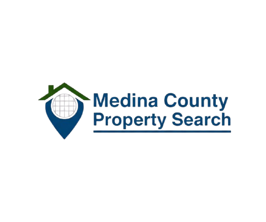 Medina County Ohio Property Search logo featuring house roof, map pin, and parcel grid design in blue and green.