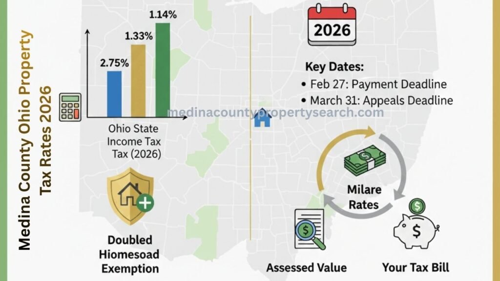 Infographic for Medina County Ohio Property Tax Rates 2026 showing tax rate estimates between 1.14% and 1.33%, Ohio state income tax at 2.75%, and key deadlines for payment (Feb 27) and appeals (March 31). Includes a search bar for district tax rates and mentions of Homestead Exemption.