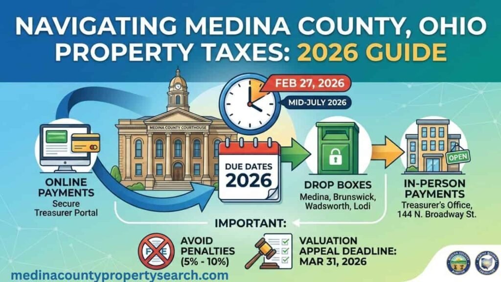 Navigating Medina County Property Taxes 2026 Guide featuring a professional illustration of the courthouse, payment icons, and important tax deadlines for Ohio homeowners.