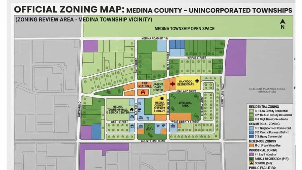 Official 2026 Medina County Zoning Map showing township land-use districts, residential zones, and public facilities.
