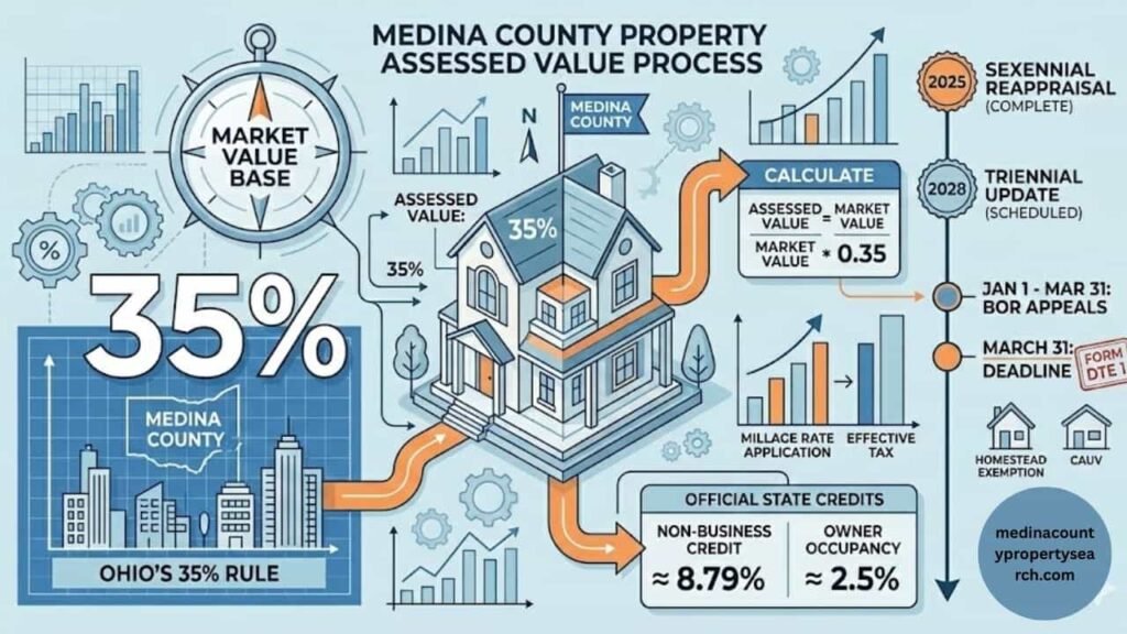 Medina County property assessed value, highlighting the 2025 reappraisal, the Jan 1–Mar 31 Board of Revision appeal period, and the 2028 scheduled update