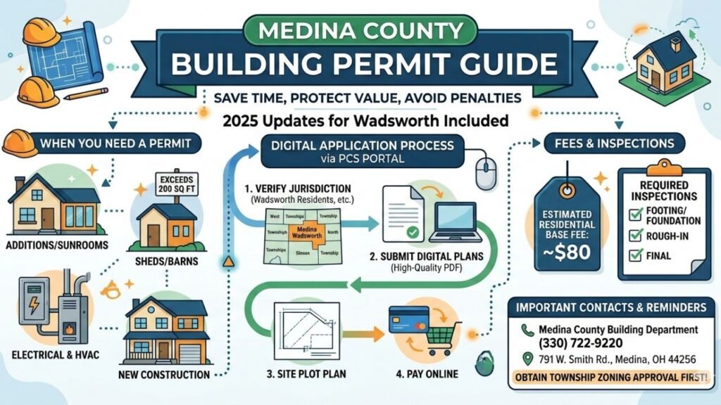 A concise and clear infographic explaining the building permit process in Medina County, with sections for requirements, the application process, fees, and contact information.
