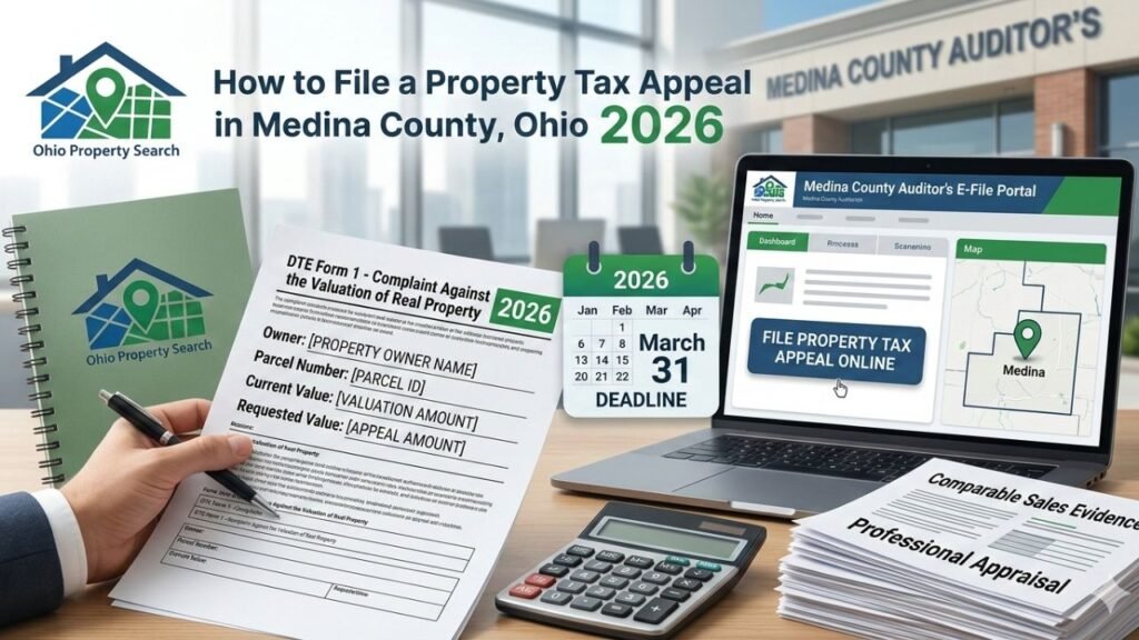 A detailed desk scene showing the process of filing a property tax appeal in Medina County, Ohio, for 2026. The image features DTE Form 1 being held and filled out, a calendar highlighting the March 31 deadline, a laptop with the Auditor's E-File Portal open, a calculator, a notebook, and professional documents, with the 'Ohio Property Search' logo in the top corner.