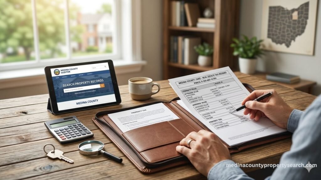 Medina County Ohio real estate tax records on a laptop and physical documents with a calculator and house keys.