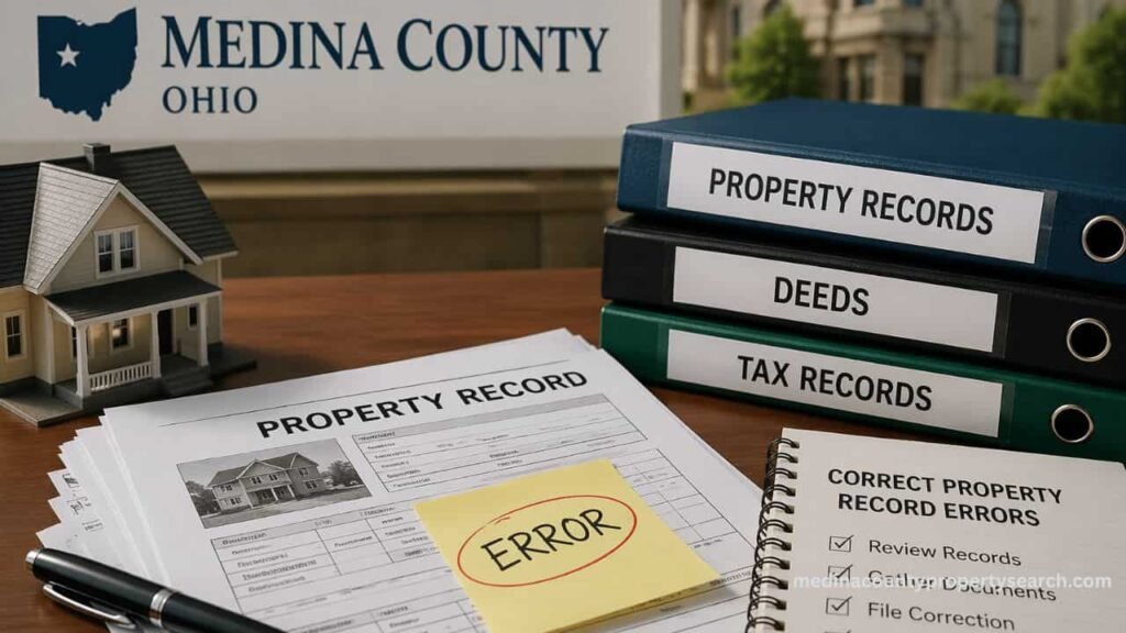 Correcting property record errors in Medina County OH with documents and house model.