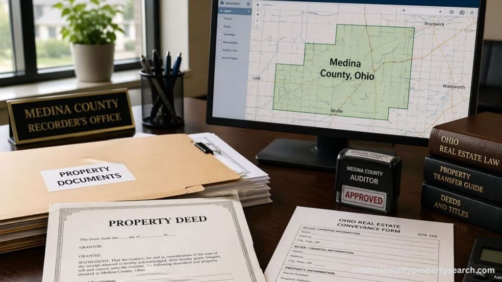 Change Ownership process in Medina County Ohio with property deed, legal documents, and county recorder office setup for real estate transfer